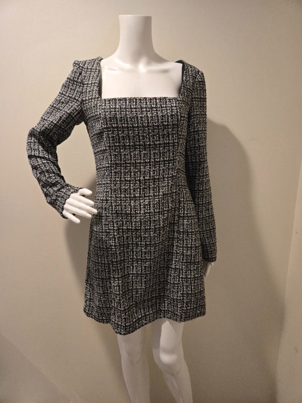 Christian Lacroix Tweed Plaid Mini Dress Square Neck Black White 6